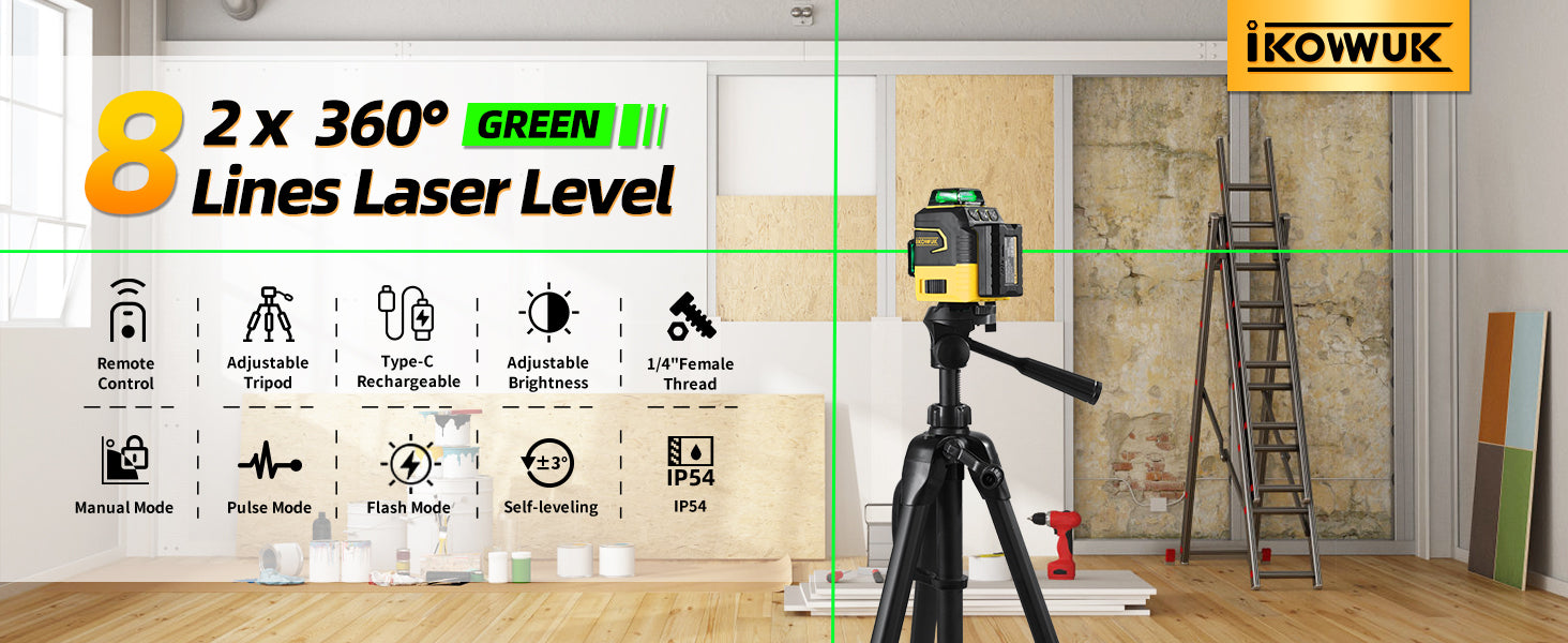 IKOVWUK Laser Level with Tripod, 2x360° Self-leveling Green Cross Line, 8 Lines Laser Level Tool with Rechargeable Battery & Type-C Charging Port, Compact Adjustable 1.6M Tripod & Carry Pouch Included