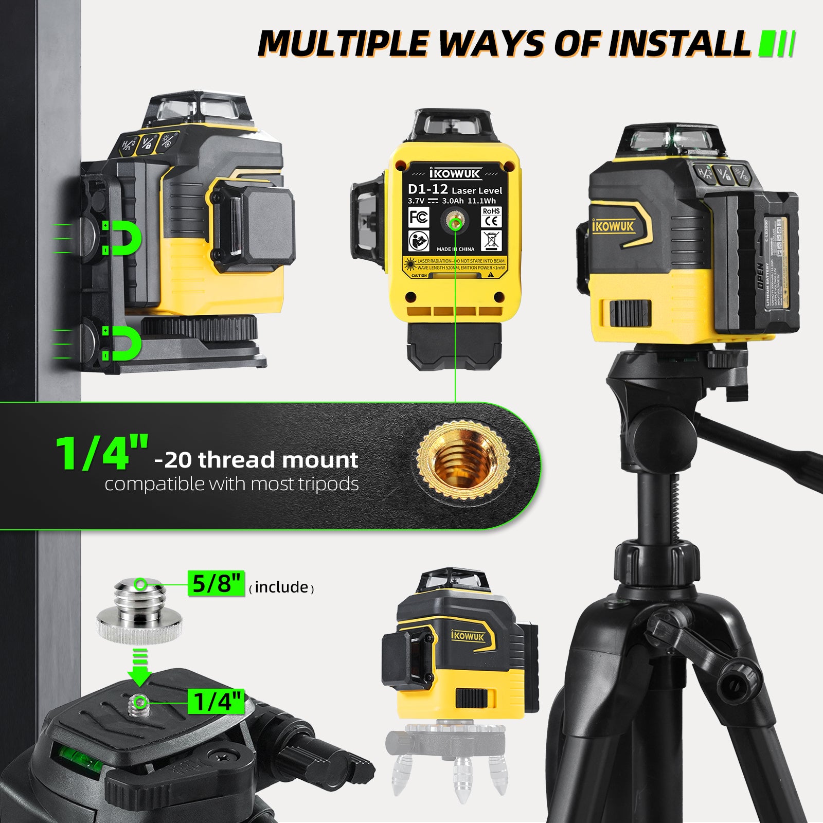 IKOVWUK Laser Level with Tripod, Laser Level 3x360° Self Leveling 12 Green Line, Rechargeable Battery 2 x 3000 mAh & Type-C Charging Port, Compact Adjustable 1.6M Tripod & Carry Pouch Included