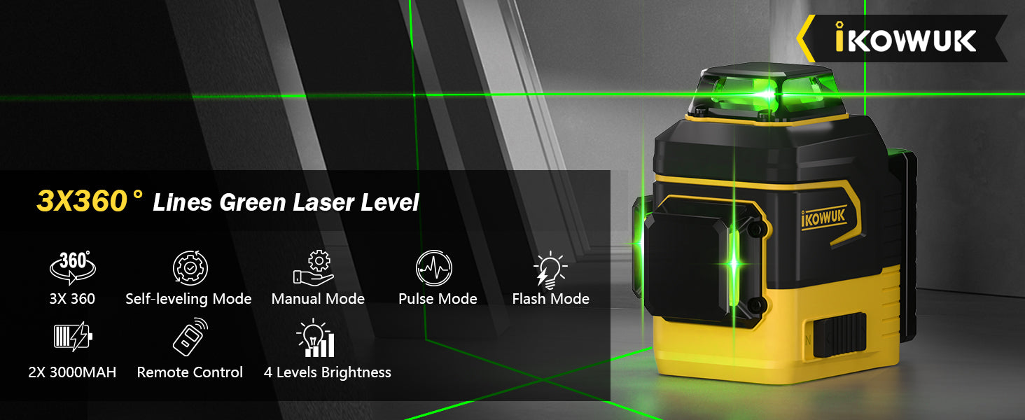 IKOVWUK 3x360° Laser Level, Laser Level for Construction Picture Hanging Floor,12 Lines Self-leveling Laser Level Line with Upgraded Flash Mode, 2X 3000MAH Battery